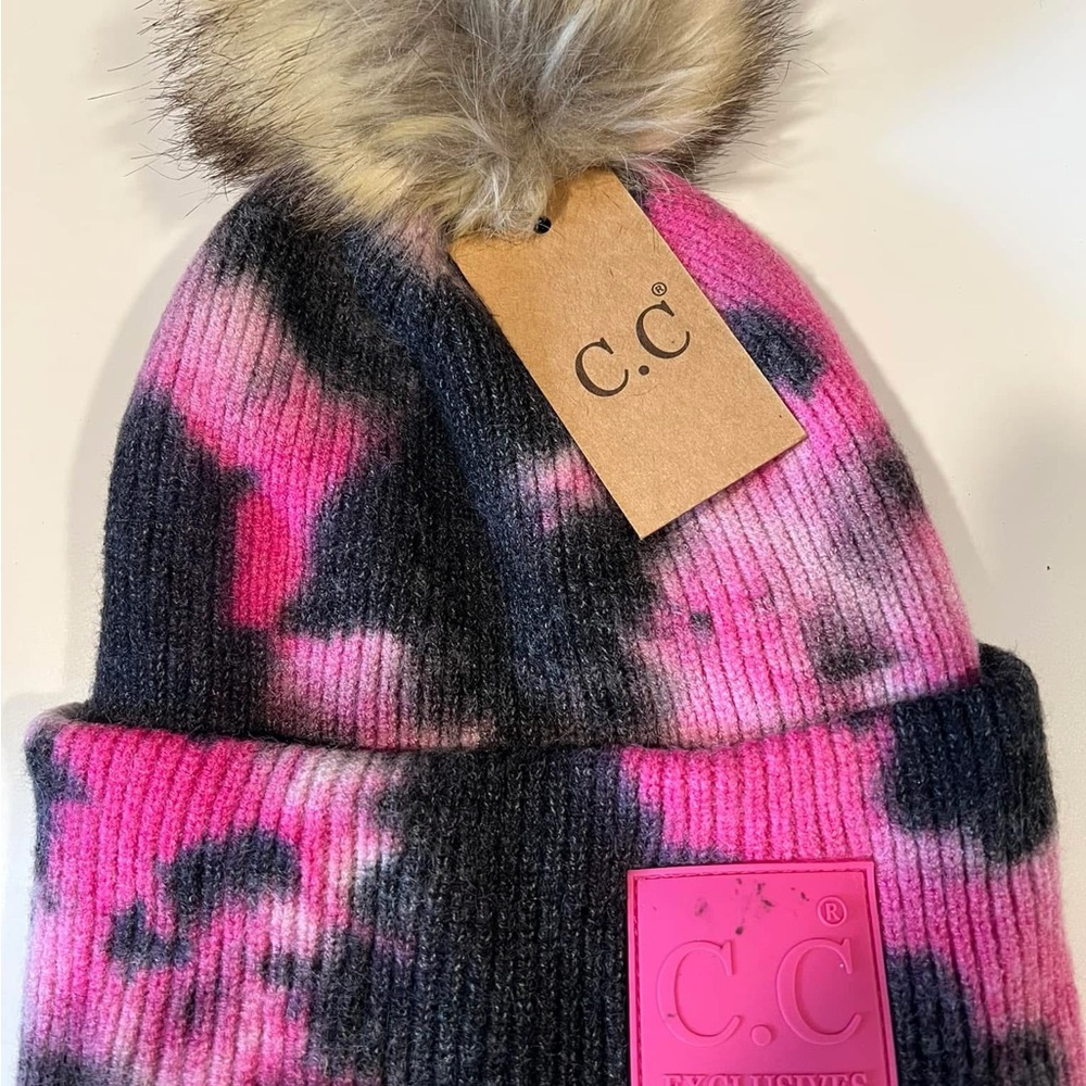 C.C Pink and Black Beanie with Faux Fur Pom